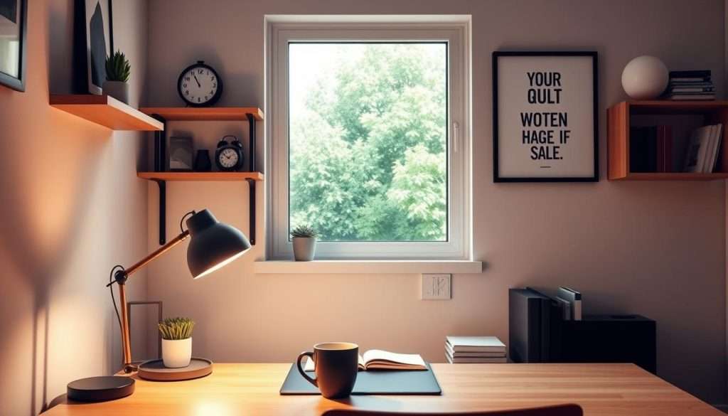 A cozy, well-organized home office with a minimalist desk, shelves displaying productivity-boosting items like a succulent plant, a timer, and a motivational quote framed on the wall. Soft, warm lighting from a desk lamp casts a gentle glow, while a large window in the background allows natural daylight to filter in, creating a productive and inspiring atmosphere. The room is uncluttered, with clean lines and a calming color palette, encouraging focused study and deep work. A cup of coffee or tea sits within reach, hinting at the studious yet energized mindset of the occupant. The overall scene evokes a sense of intentionality, efficiency, and a serene environment primed for maximizing productivity and overcoming study challenges. A cozy, well-organized home office with a minimalist desk, shelves displaying productivity-boosting items like a succulent plant, a timer, and a motivational quote framed on the wall. Soft, warm lighting from a desk lamp casts a gentle glow, while a large window in the background allows natural daylight to filter in, creating a productive and inspiring atmosphere. The room is uncluttered, with clean lines and a calming color palette, encouraging focused study and deep work. A cup of coffee or tea sits within reach, hinting at the studious yet energized mindset of the occupant. The overall scene evokes a sense of intentionality, efficiency, and a serene environment primed for maximizing productivity and overcoming study challenges.