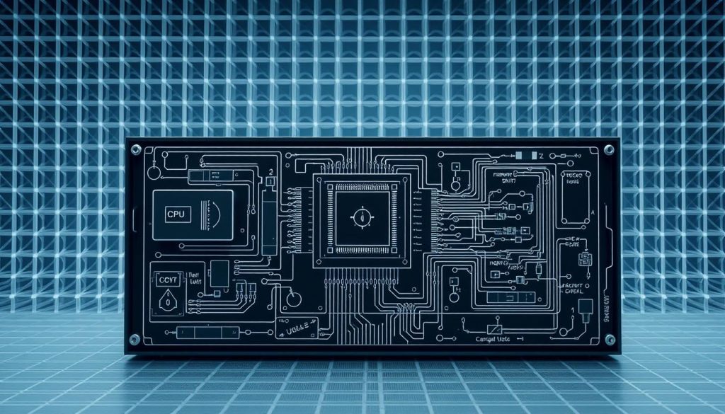 A detailed diagram of the John von Neumann computer architecture, rendered in a technical and engineering-focused style. In the foreground, a schematic diagram showcasing the key components like the central processing unit (CPU), memory units, and input/output interfaces. The middle ground depicts the interconnected buses and control signals, highlighting the data flow and operational logic. In the background, a geometric wireframe grid creates a sense of structured complexity, complemented by subtle lighting and shadows to accentuate the technical details. The overall tone is one of precision, innovation, and the revolutionary impact of von Neumann's visionary contributions to computer science. A detailed diagram of the John von Neumann computer architecture, rendered in a technical and engineering-focused style. In the foreground, a schematic diagram showcasing the key components like the central processing unit (CPU), memory units, and input/output interfaces. The middle ground depicts the interconnected buses and control signals, highlighting the data flow and operational logic. In the background, a geometric wireframe grid creates a sense of structured complexity, complemented by subtle lighting and shadows to accentuate the technical details. The overall tone is one of precision, innovation, and the revolutionary impact of von Neumann's visionary contributions to computer science.
