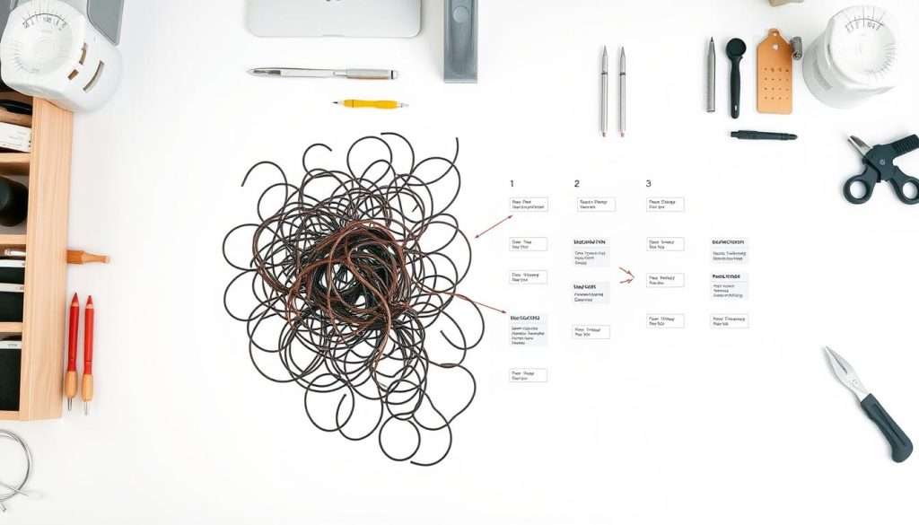A detailed technical illustration showcasing the process of skill deconstruction. In the foreground, a complex skill is depicted as a tangled web of interconnected components. In the middle ground, each component is methodically broken down and labeled, revealing its underlying structure. The background depicts a clean, minimalist workspace with various tools and implements used for the analysis and reconstruction of skills. The lighting is crisp and evenly distributed, emphasizing the precision and clarity of the deconstruction techniques. The camera angle is slightly elevated, providing an overhead view that conveys a sense of systematic organization and problem-solving.