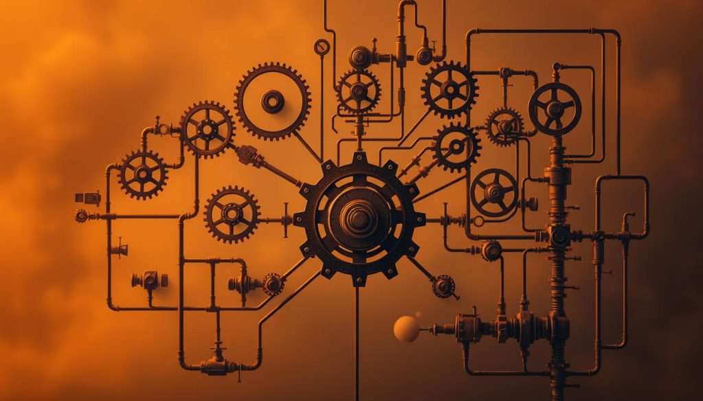 A diagram of interconnected gears, cogs, and levers, illustrating the intricate relationships and feedback loops that characterize systems thinking. Warm lighting casts a soft glow, creating a contemplative atmosphere. In the foreground, a central gear serves as the focal point, surrounded by smaller gears and mechanisms that interlock and influence one another. The middle ground features a complex network of pipes, valves, and wires, representing the flow of information and resources within the system. The background is hazy, with a sense of depth and a subtle, muted color palette, conveying the holistic nature of systems thinking. A diagram of interconnected gears, cogs, and levers, illustrating the intricate relationships and feedback loops that characterize systems thinking. Warm lighting casts a soft glow, creating a contemplative atmosphere. In the foreground, a central gear serves as the focal point, surrounded by smaller gears and mechanisms that interlock and influence one another. The middle ground features a complex network of pipes, valves, and wires, representing the flow of information and resources within the system. The background is hazy, with a sense of depth and a subtle, muted color palette, conveying the holistic nature of systems thinking.