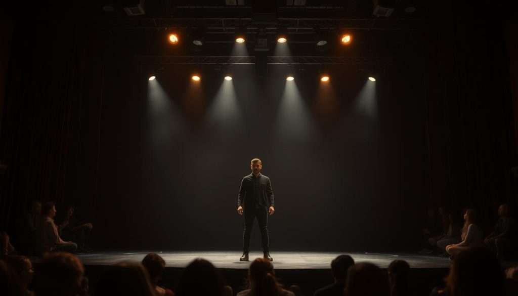 A dimly-lit stage, the performer stands confidently center-stage, their movements precise and assured. Overhead, warm lighting casts a soft glow, illuminating their focused expression. In the background, a backdrop of rich, muted colors sets the scene, hinting at the complex emotional journey unfolding. The performer's body language exudes a sense of control and mastery, their actions flowing seamlessly as they navigate the stage. The audience, enraptured, leans forward, captivated by the performer's compelling presence and the carefully choreographed performance unfolding before them.