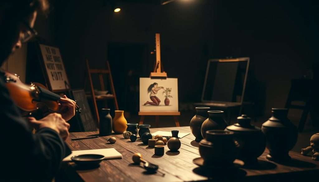 A dimly lit studio with a variety of objects arranged on a wooden table. In the foreground, a person diligently practices a musical instrument, their fingers moving with precision. In the middle ground, an artist meticulously sketches a still life, their gaze fixed on the subject. In the background, an athlete performs a series of carefully choreographed exercises, their body moving with fluid grace. Warm lighting casts a soft glow, creating a contemplative atmosphere that emphasizes the focus and dedication of the individuals engaged in deliberate practice across different domains.