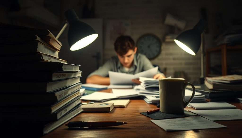 A dimly-lit study space, illuminated by the soft glow of a desk lamp. In the foreground, a stack of textbooks, a pen, and a cup of coffee sit on a cluttered wooden desk. In the middle ground, a student, brow furrowed in concentration, sits at the desk, surrounded by scattered notes and papers. The background is hazy, with a sense of fatigue and the weight of the workload. The overall atmosphere conveys the challenge and determination of academic study.