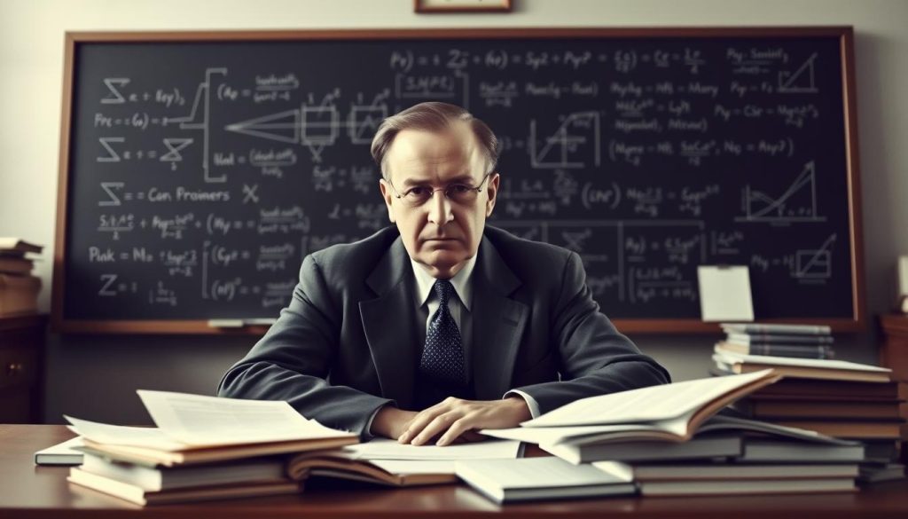 A distinguished-looking man with a pensive expression, John von Neumann, sits at a wooden desk adorned with papers and books. The soft, directional lighting casts subtle shadows, highlighting his features and the intellectual atmosphere of the scene. In the background, a blackboard filled with complex mathematical equations and diagrams suggests his deep involvement in advanced physics and nuclear research. The overall mood is one of contemplation and intellectual rigor, befitting a visionary mathematician whose contributions to the Manhattan Project shaped the course of history. A distinguished-looking man with a pensive expression, John von Neumann, sits at a wooden desk adorned with papers and books. The soft, directional lighting casts subtle shadows, highlighting his features and the intellectual atmosphere of the scene. In the background, a blackboard filled with complex mathematical equations and diagrams suggests his deep involvement in advanced physics and nuclear research. The overall mood is one of contemplation and intellectual rigor, befitting a visionary mathematician whose contributions to the Manhattan Project shaped the course of history.