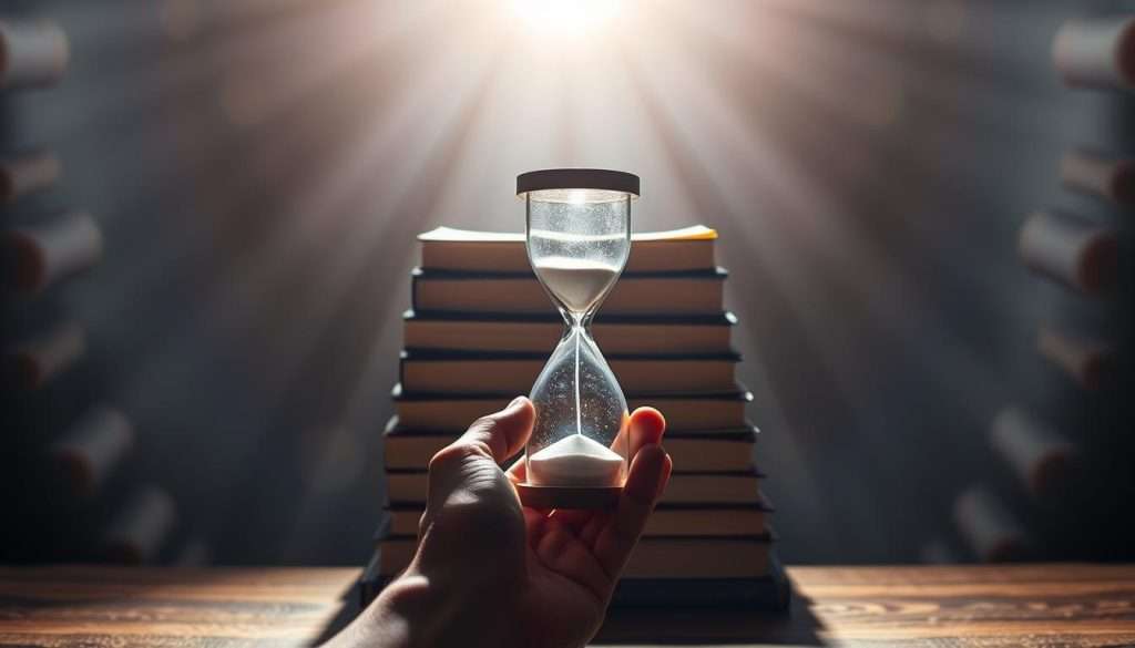 A focused beam of light illuminates a stack of books, symbolizing the intensified learning process. In the foreground, a hand holds a hourglass, representing the temporal aspect of spaced repetition. The books are arranged in a radial pattern, suggesting the interconnected nature of concepts. The lighting is dramatic, creating deep shadows and highlights that convey a sense of concentration and deliberation. The background is hazy, with soft, blurred edges, emphasizing the subject matter. The overall composition evokes a meditative, contemplative atmosphere, capturing the essence of optimizing one's review schedule through spaced repetition. A focused beam of light illuminates a stack of books, symbolizing the intensified learning process. In the foreground, a hand holds a hourglass, representing the temporal aspect of spaced repetition. The books are arranged in a radial pattern, suggesting the interconnected nature of concepts. The lighting is dramatic, creating deep shadows and highlights that convey a sense of concentration and deliberation. The background is hazy, with soft, blurred edges, emphasizing the subject matter. The overall composition evokes a meditative, contemplative atmosphere, capturing the essence of optimizing one's review schedule through spaced repetition.
