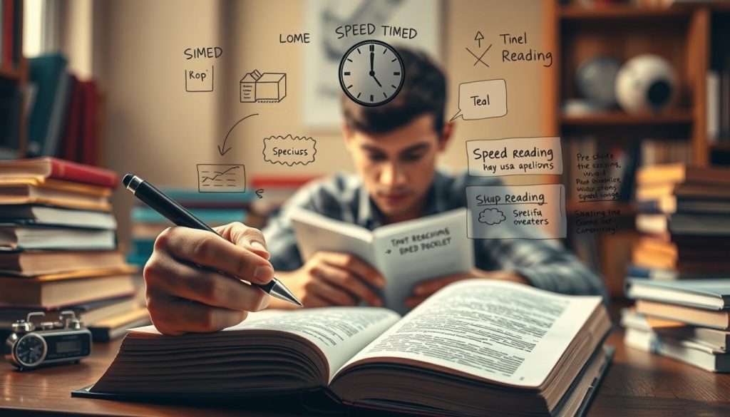 A focused, well-lit study scene with a person intently reading a book, surrounded by an array of speed reading techniques visually depicted. In the foreground, a hand holds a pen, underscoring key passages. The middle ground features stacks of books, a timer, and notes on speed reading strategies. The background subtly blurs, drawing the eye to the central figure deeply immersed in the text. Warm, earthy tones create a contemplative atmosphere, inviting the viewer to engage with the essential techniques for boosting reading speed. A focused, well-lit study scene with a person intently reading a book, surrounded by an array of speed reading techniques visually depicted. In the foreground, a hand holds a pen, underscoring key passages. The middle ground features stacks of books, a timer, and notes on speed reading strategies. The background subtly blurs, drawing the eye to the central figure deeply immersed in the text. Warm, earthy tones create a contemplative atmosphere, inviting the viewer to engage with the essential techniques for boosting reading speed.