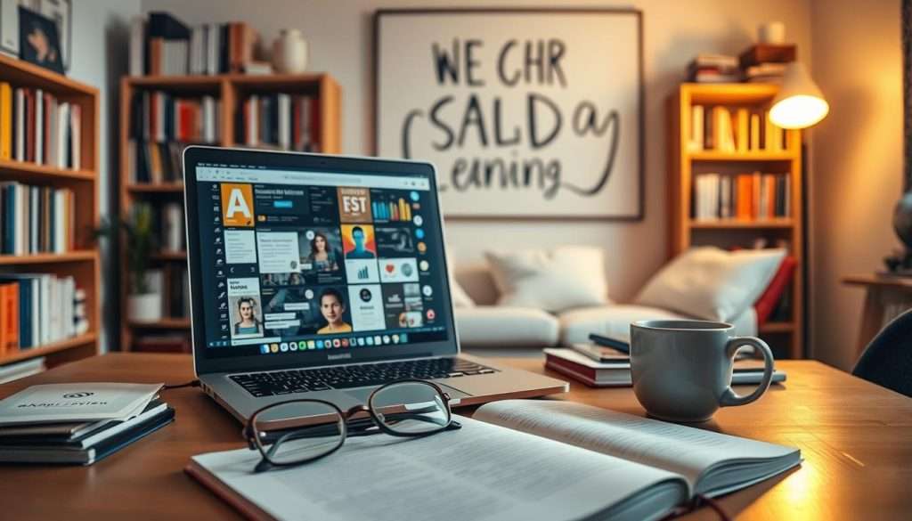 A high-impact study session in a cozy, well-lit home office. On the desk, an open notebook, a cup of coffee, and a pair of glasses. In the middle ground, a laptop displaying various learning materials and productivity apps. In the background, bookshelves filled with references and a large, inspirational wall art piece. Soft, warm lighting illuminates the scene, creating a focused and motivated atmosphere. The composition emphasizes the tools and environment that enable efficient and effective learning. A high-impact study session in a cozy, well-lit home office. On the desk, an open notebook, a cup of coffee, and a pair of glasses. In the middle ground, a laptop displaying various learning materials and productivity apps. In the background, bookshelves filled with references and a large, inspirational wall art piece. Soft, warm lighting illuminates the scene, creating a focused and motivated atmosphere. The composition emphasizes the tools and environment that enable efficient and effective learning.