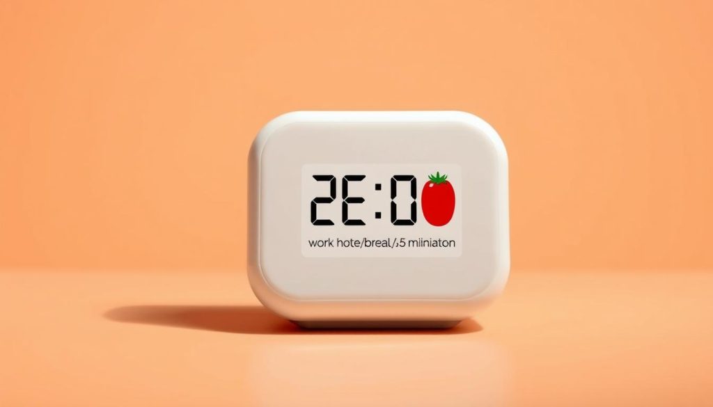 A minimalist digital timer with a red tomato icon, displaying the classic "25-minute work, 5-minute break" Pomodoro cycle on a clean, uncluttered interface. The timer is set against a soft, warm-toned background, creating a sense of focus and productivity. The overall composition is sleek, modern, and visually appealing, reflecting the efficiency and simplicity of the Pomodoro Technique. Lighting is soft and diffused, creating subtle shadows and highlights that add depth and dimension to the image. The camera angle is slightly elevated, giving the viewer a clear, unobstructed view of the timer interface.