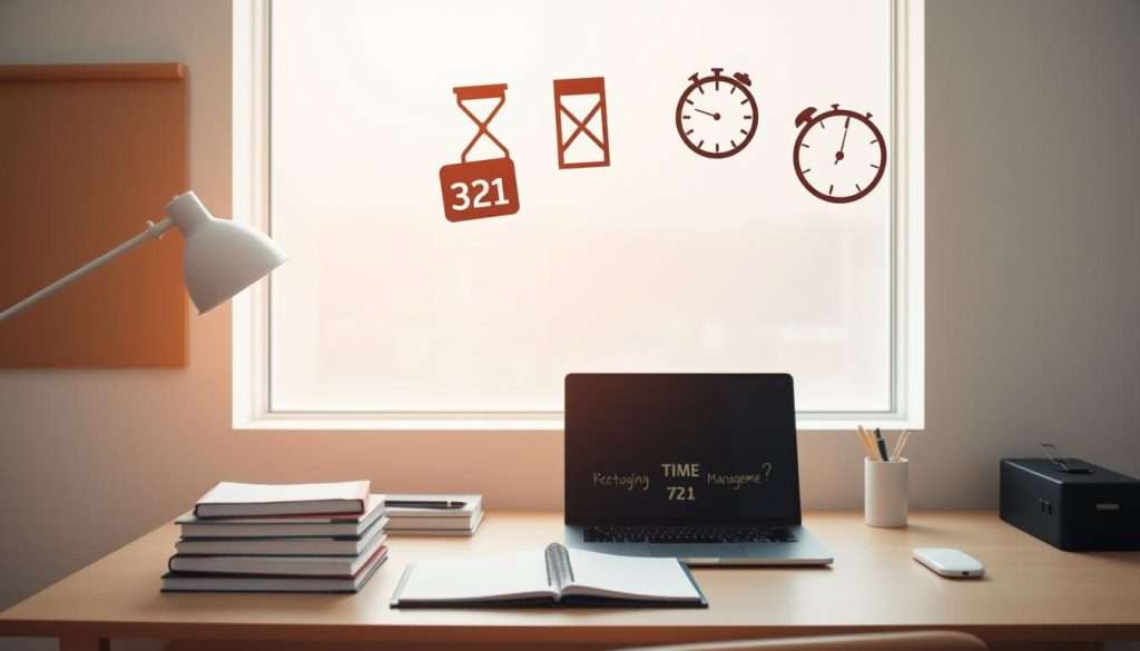 A minimalist student workspace, bathed in warm, diffused lighting from a large window. On the desk, a stack of textbooks, a laptop, and a planner displaying the 7 3 2 1 time management framework. Floating above are visual cues - an hourglass, a calendar, and a timer - symbolizing the techniques of prioritization, scheduling, and focused work sessions. The overall atmosphere is one of focused productivity, with clean lines and a serene, uncluttered environment. A minimalist student workspace, bathed in warm, diffused lighting from a large window. On the desk, a stack of textbooks, a laptop, and a planner displaying the 7 3 2 1 time management framework. Floating above are visual cues - an hourglass, a calendar, and a timer - symbolizing the techniques of prioritization, scheduling, and focused work sessions. The overall atmosphere is one of focused productivity, with clean lines and a serene, uncluttered environment.