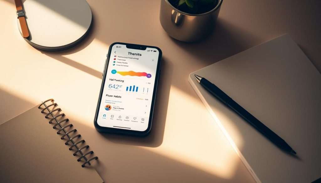 A minimalist workspace with a smartphone, journal, and desk accessories. The smartphone display shows a habit tracking app with clean, intuitive interfaces and colorful progress visualizations. Warm, natural lighting casts a soft glow, creating a calm, focused atmosphere. The composition emphasizes simplicity and ease of use, reflecting the notion of "effortless learning" and "building effortless study habits". The scene evokes a sense of productivity and personal growth through the streamlined, distraction-free design of the habit tracking app. A minimalist workspace with a smartphone, journal, and desk accessories. The smartphone display shows a habit tracking app with clean, intuitive interfaces and colorful progress visualizations. Warm, natural lighting casts a soft glow, creating a calm, focused atmosphere. The composition emphasizes simplicity and ease of use, reflecting the notion of "effortless learning" and "building effortless study habits". The scene evokes a sense of productivity and personal growth through the streamlined, distraction-free design of the habit tracking app.