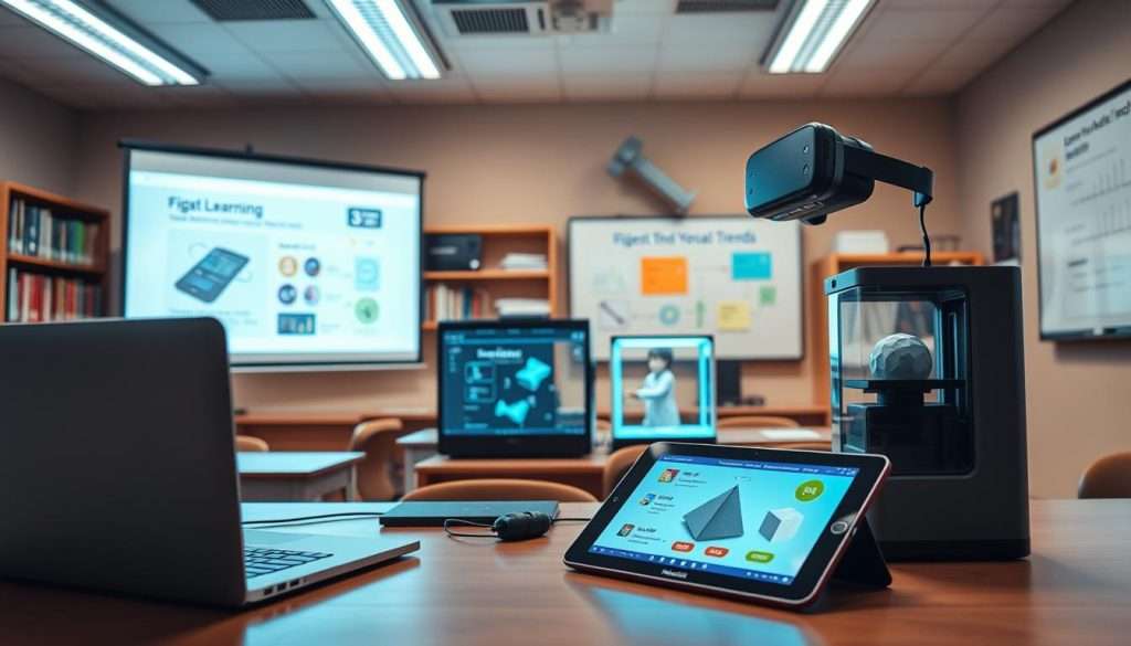 A modern, well-lit classroom setting with an array of educational technology on display. In the foreground, a sleek laptop, a virtual reality headset, and a tablet with interactive learning software. In the middle ground, a projection screen displaying a dynamic presentation, and a 3D printer creating a physical model. In the background, shelves filled with textbooks and learning resources, as well as a whiteboard showcasing the latest educational trends. The lighting is warm and inviting, creating a sense of productivity and innovation. The overall atmosphere conveys the power of technology to enhance the learning experience. A modern, well-lit classroom setting with an array of educational technology on display. In the foreground, a sleek laptop, a virtual reality headset, and a tablet with interactive learning software. In the middle ground, a projection screen displaying a dynamic presentation, and a 3D printer creating a physical model. In the background, shelves filled with textbooks and learning resources, as well as a whiteboard showcasing the latest educational trends. The lighting is warm and inviting, creating a sense of productivity and innovation. The overall atmosphere conveys the power of technology to enhance the learning experience.