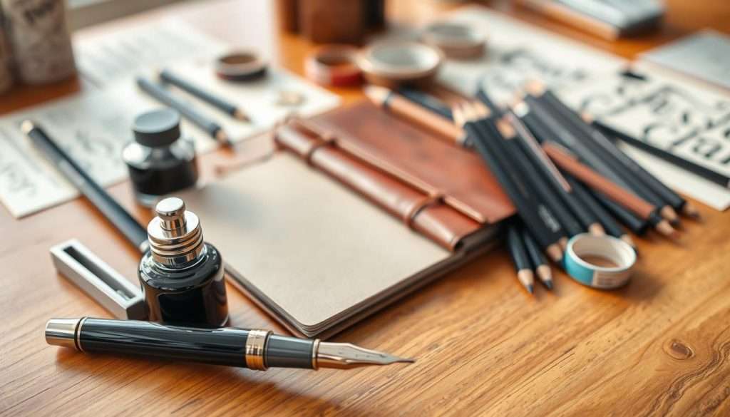 A neatly arranged collection of handwriting tools on a warm wooden surface, bathed in soft, natural lighting. In the foreground, an elegant fountain pen, its metallic body gleaming, rests next to a bottle of rich, black ink. Surrounding it, an assortment of fine-tipped calligraphy pens, each with a unique nib, and a set of high-quality artist pencils in an array of graphite shades. In the middle ground, a vintage-style notebook with a leather cover, its pages begging to be filled with the user's unique script. Blurring into the background, a selection of washi tapes, stencils, and other tools that empower the art of handwriting, creating a harmonious and inspiring workspace for the creative mind.