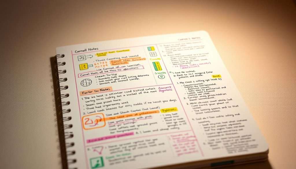 A neatly organized Cornell Notes page, with vibrant color-coding accenting the key sections. The page is illuminated by soft, warm lighting, creating a focused and studious atmosphere. The foreground features meticulously drawn symbols, diagrams, and annotations in a variety of hues, seamlessly integrated with the structured note-taking format. The middle ground showcases the carefully structured layout, with clear headings, sub-topics, and ample white space for easy comprehension. The background gently fades into a subtle, textured off-white surface, lending a sense of depth and dimension to the overall composition.