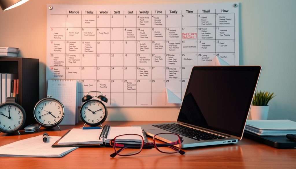 A neatly organized desk with various time management tools, including a planner, a desk clock, and a to-do list. In the background, a large wall calendar with important deadlines and events highlighted. The lighting is soft and warm, creating a focused and productive atmosphere. A laptop and a pair of glasses sit on the desk, suggesting a studious student ready to tackle their tasks. The overall scene conveys a sense of intentionality and efficiency, reflecting the importance of time management for academic success.