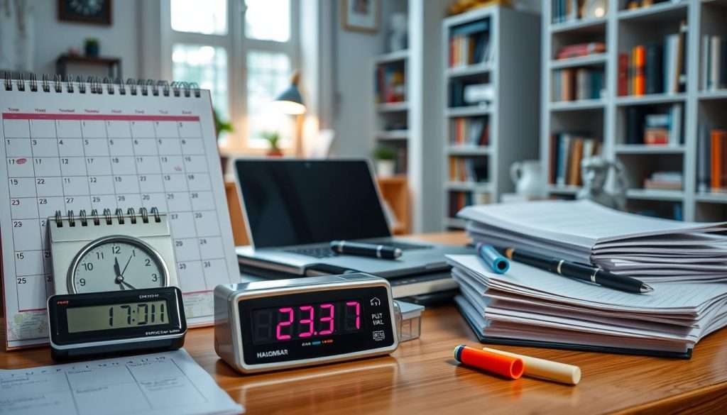 A neatly organized study desk with a calendar, planner, and stacks of notes. The foreground features a variety of time management tools - a digital timer, a to-do list, and a pomodoro technique timer. The middle ground showcases a well-lit workspace with a laptop, pen, and highlighters. The background depicts a cozy, well-lit home office with bookshelves and a window providing natural lighting. The overall atmosphere is one of productivity, focus, and academic diligence. A neatly organized study desk with a calendar, planner, and stacks of notes. The foreground features a variety of time management tools - a digital timer, a to-do list, and a pomodoro technique timer. The middle ground showcases a well-lit workspace with a laptop, pen, and highlighters. The background depicts a cozy, well-lit home office with bookshelves and a window providing natural lighting. The overall atmosphere is one of productivity, focus, and academic diligence.