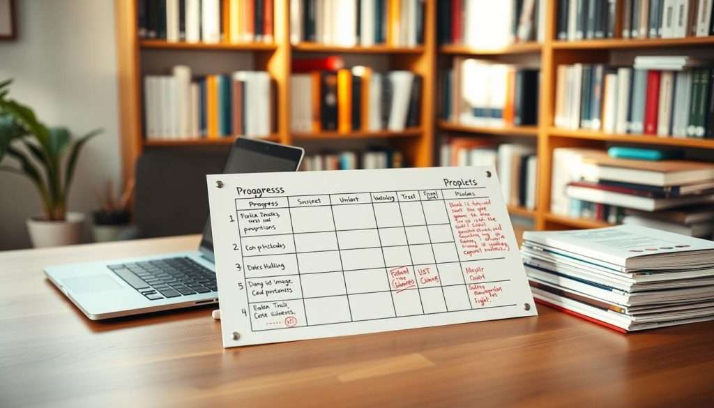A neatly organized workspace with a wooden desk, a laptop, and a stack of notebooks. On the desk, a progress tracking chart is displayed, with handwritten notes and colored markers indicating milestones and areas for improvement. The lighting is soft and natural, creating a focused, productive atmosphere. In the background, a bookshelf filled with various self-improvement and educational resources adds to the sense of personal growth and development. The overall scene conveys a sense of thoughtful introspection and a dedication to continuous self-education. A neatly organized workspace with a wooden desk, a laptop, and a stack of notebooks. On the desk, a progress tracking chart is displayed, with handwritten notes and colored markers indicating milestones and areas for improvement. The lighting is soft and natural, creating a focused, productive atmosphere. In the background, a bookshelf filled with various self-improvement and educational resources adds to the sense of personal growth and development. The overall scene conveys a sense of thoughtful introspection and a dedication to continuous self-education.