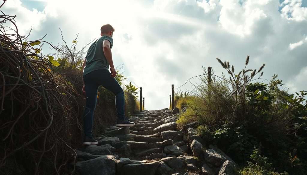 A person standing on a steep, rocky path, determined to climb higher. The path is lined with tangled vines and overgrown brush, symbolizing the challenges of procrastination. Sunlight breaks through the clouds, casting a warm, hopeful glow on the scene. The person's face is focused, brow furrowed, as they push forward, one step at a time. In the distance, a clear, unobstructed path awaits, representing the rewards of overcoming procrastination. The composition is balanced, with the person in the foreground, the obstacles in the middle ground, and the clear path in the background. The lighting is dramatic, creating depth and emphasizing the person's struggle. The overall mood is one of overcoming adversity and finding the motivation to push through challenges. A person standing on a steep, rocky path, determined to climb higher. The path is lined with tangled vines and overgrown brush, symbolizing the challenges of procrastination. Sunlight breaks through the clouds, casting a warm, hopeful glow on the scene. The person's face is focused, brow furrowed, as they push forward, one step at a time. In the distance, a clear, unobstructed path awaits, representing the rewards of overcoming procrastination. The composition is balanced, with the person in the foreground, the obstacles in the middle ground, and the clear path in the background. The lighting is dramatic, creating depth and emphasizing the person's struggle. The overall mood is one of overcoming adversity and finding the motivation to push through challenges.