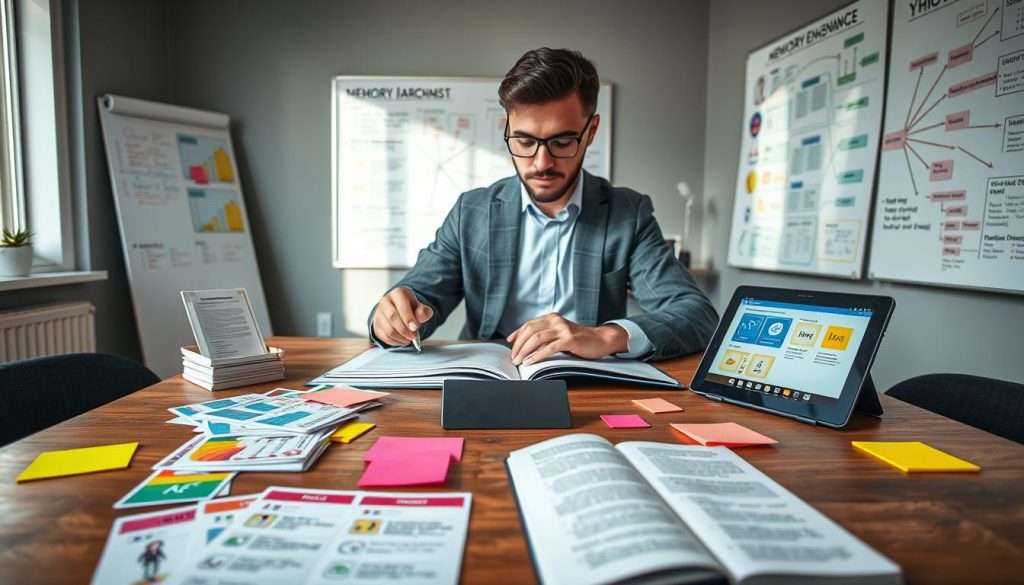 A serene and focused workspace, centered around a wooden desk where a professional figure, dressed in smart casual attire, engages with colorful visual aids depicting memory enhancement techniques. In the foreground, neatly arranged flashcards, mnemonics charts, and a digital tablet displaying memory-boosting apps. The middle ground features an open book with highlighted passages, surrounded by vibrant sticky notes. The background shows a whiteboard covered in mind maps and diagrams illustrating encoding methods, softly illuminated by natural light streaming in from a nearby window, setting a calm and inspiring atmosphere. The shot is taken from a slightly elevated angle to capture the full essence of the workspace and enhance the feeling of ambition and creativity.