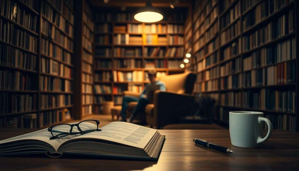A serene, dimly lit library interior with warm lighting and soft shadows. In the foreground, an open book on a wooden desk, surrounded by a pair of eyeglasses, a pen, and a cup of coffee. In the middle ground, a person sitting in a comfortable armchair, deeply engrossed in their studies, illuminated by the glow of a laptop screen. The background features towering bookshelves, filled with a vast collection of knowledge, creating a sense of contemplation and intellectual exploration. The overall atmosphere evokes a cozy, focused environment conducive to effective learning strategies and overcoming obstacles.