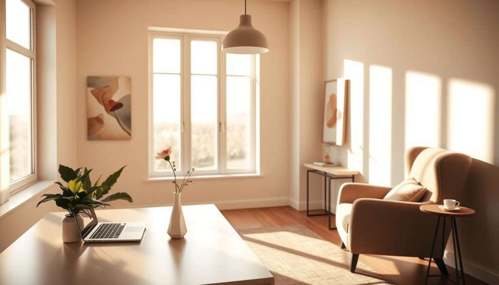 A serene, minimalist home office bathed in warm, natural light streaming through large windows. The clean, uncluttered desk features a sleek laptop, a plant, and a single flower in a simple vase. The walls are adorned with abstract, calming artwork. Soft, earthy tones create a harmonious, zen-like atmosphere, encouraging focus and creativity. A cozy reading nook with a plush armchair and a small side table invites deep contemplation. Gentle shadows cast by the overhead pendant light add depth and dimension to the space. The overall composition exudes a sense of balance, tranquility, and optimal flow.