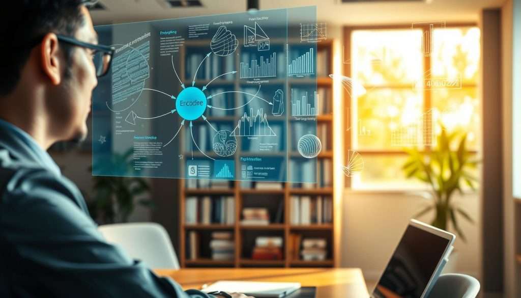 A serene office environment in the foreground, featuring a professional individual in business attire focused on a vibrant, holographic display showcasing various encoding techniques, like mind maps and graphs illustrating memory retention strategies. In the middle, a soft-focus bookshelf laden with books on psychology and learning, symbolizing knowledge and information. The background reveals a large window letting in warm, natural light, casting soft shadows that enhance the productive atmosphere. The overall mood is inspiring and educational, emphasizing transformation and clarity in understanding how encoding aids information retention. The perspective is slightly angled to give depth, with a shallow depth of field to keep the focus on the subject and display.