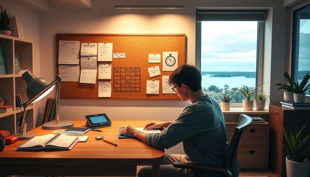 A serene study nook with warm lighting and clean, minimalist decor. In the foreground, an ADHD student sits at a wooden desk, surrounded by organizational tools like a planner, sticky notes, and a timer. The middle ground features a corkboard displaying time management techniques and reminders. The background showcases a large window with a tranquil outdoor scene, suggesting a peaceful, focused environment. The overall atmosphere is one of calm productivity, reflecting strategies to help the ADHD student succeed academically.