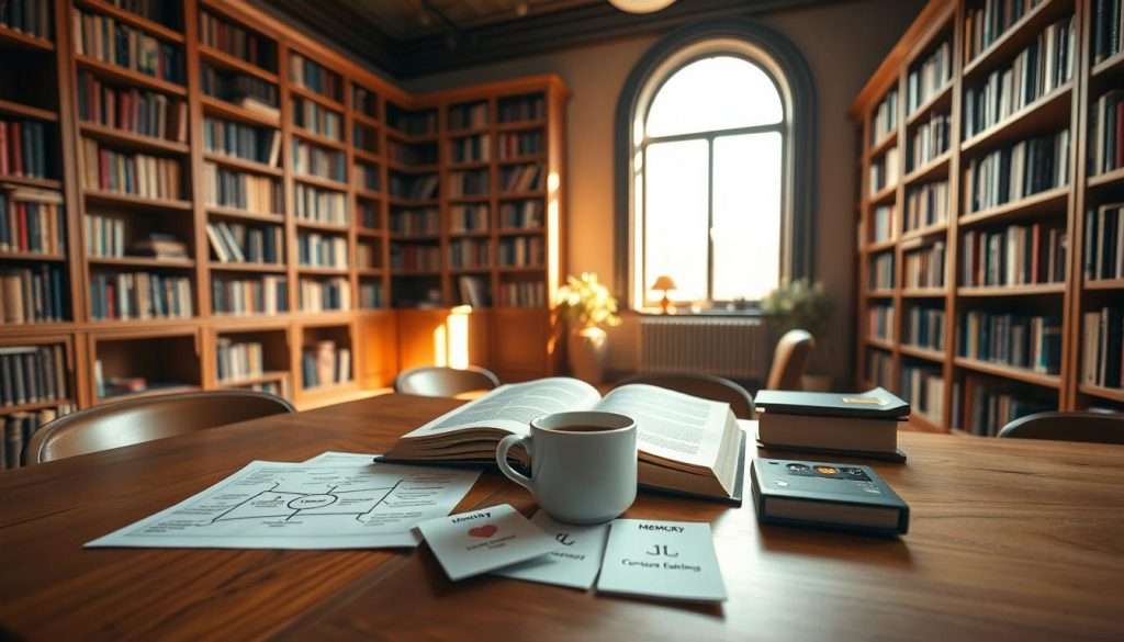 A serene study room with bookshelves lining the walls, a large window letting in soft natural light. On the desk, an open book, a cup of coffee, and various memory enhancement tools - a mind map, flashcards, and a concentration timer. The room has a warm, focused atmosphere, encouraging deep learning and knowledge retention. The camera angle is slightly elevated, capturing the scene from an academic, contemplative perspective. The lighting is gentle, highlighting the textures of the wooden furniture and paper materials. An air of productivity and self-improvement permeates the environment. A serene study room with bookshelves lining the walls, a large window letting in soft natural light. On the desk, an open book, a cup of coffee, and various memory enhancement tools - a mind map, flashcards, and a concentration timer. The room has a warm, focused atmosphere, encouraging deep learning and knowledge retention. The camera angle is slightly elevated, capturing the scene from an academic, contemplative perspective. The lighting is gentle, highlighting the textures of the wooden furniture and paper materials. An air of productivity and self-improvement permeates the environment.