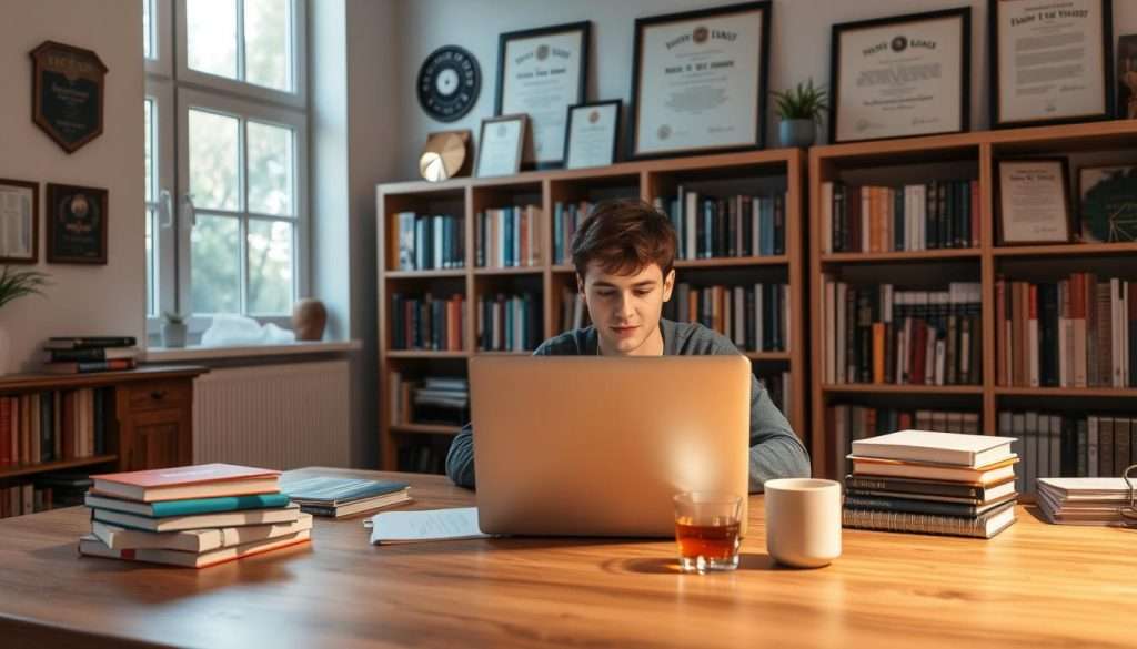 A serene study space with a large wooden desk, a well-organized bookshelf in the background, and a large window letting in natural light. On the desk, there are neatly stacked books, a laptop, and a cup of hot tea. The walls are adorned with inspirational academic awards and diplomas, reflecting the hard work and dedication of the diligent student. The overall mood is one of focus, concentration, and a sense of academic achievement. A student sits at the desk, deeply engrossed in their studies, their face lit by the soft glow of the laptop screen. The lighting is warm and inviting, creating a cozy and productive environment conducive to academic success. A serene study space with a large wooden desk, a well-organized bookshelf in the background, and a large window letting in natural light. On the desk, there are neatly stacked books, a laptop, and a cup of hot tea. The walls are adorned with inspirational academic awards and diplomas, reflecting the hard work and dedication of the diligent student. The overall mood is one of focus, concentration, and a sense of academic achievement. A student sits at the desk, deeply engrossed in their studies, their face lit by the soft glow of the laptop screen. The lighting is warm and inviting, creating a cozy and productive environment conducive to academic success.
