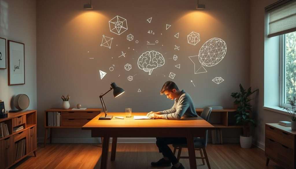 A serene study space with a wooden desk, where a person sits in deep concentration, engaging in various brain-stimulating activities. Geometric shapes, mathematical equations, and abstract patterns float around, representing the inner workings of a genius-level mind. Soft, warm lighting casts a contemplative glow, and the background features a minimalist, yet sophisticated design, with hints of nature to create a calming atmosphere. The overall scene conveys a sense of focus, intellectual pursuit, and the power of the human mind to unlock its full potential.