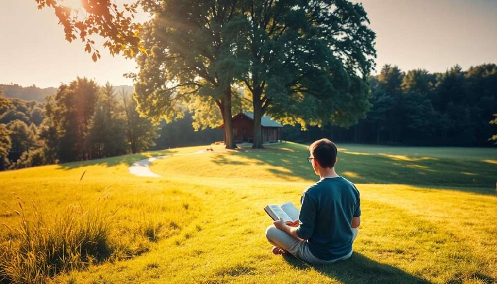 A serene, sun-dappled meadow on a tranquil day, with a winding path leading to a picturesque cabin nestled among lush green trees. In the foreground, a person sits cross-legged, deeply engrossed in a book, embodying the focused, deliberate practice that unlocks expertise. Shafts of warm, golden light filter through the canopy, creating a sense of introspection and growth. The overall scene conveys the peaceful, yet purposeful, benefits of dedicated, persistent effort.
