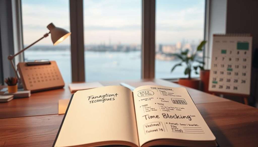 A serene, well-lit office interior with a wooden desk, a desk lamp, and a minimalist calendar. In the foreground, an open notebook with hand-drawn time management techniques like pomodoro, task prioritization, and time blocking. In the background, a large window overlooking a tranquil cityscape. The lighting is warm and natural, creating a focused and productive atmosphere. The overall scene conveys a sense of organization, efficiency, and mastery over one's time. A serene, well-lit office interior with a wooden desk, a desk lamp, and a minimalist calendar. In the foreground, an open notebook with hand-drawn time management techniques like pomodoro, task prioritization, and time blocking. In the background, a large window overlooking a tranquil cityscape. The lighting is warm and natural, creating a focused and productive atmosphere. The overall scene conveys a sense of organization, efficiency, and mastery over one's time.