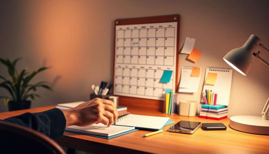 A serene, well-organized workspace with a wooden desk, a wall calendar, and various productivity tools such as a planner, sticky notes, and a smart device. Soft, warm lighting illuminates the scene, creating a focused and calming atmosphere. In the foreground, a hand is neatly arranging the items, symbolizing the mastery of time management techniques. The background features a blurred, neutral wall, emphasizing the centrality of the workspace and the importance of effective time management for academic success.