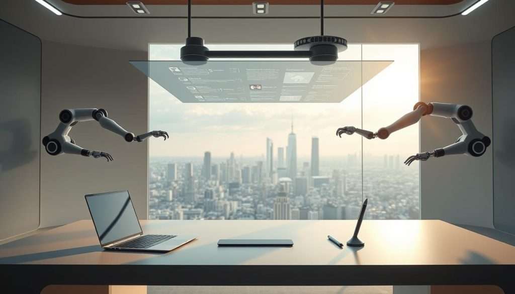A sleek, futuristic workspace illuminated by soft, indirect lighting. In the foreground, a minimalist desk with a laptop, tablet, and smart pen poised for effortless interaction. Hovering above, a transparent display projects dynamic, customizable learning interfaces. In the middle ground, robotic arms move in synchronized motion, autonomously organizing and retrieving educational resources. The background reveals a panoramic cityscape, with skyscrapers and hovercrafts hinting at the cutting-edge technology powering this automated learning environment. A sleek, futuristic workspace illuminated by soft, indirect lighting. In the foreground, a minimalist desk with a laptop, tablet, and smart pen poised for effortless interaction. Hovering above, a transparent display projects dynamic, customizable learning interfaces. In the middle ground, robotic arms move in synchronized motion, autonomously organizing and retrieving educational resources. The background reveals a panoramic cityscape, with skyscrapers and hovercrafts hinting at the cutting-edge technology powering this automated learning environment.