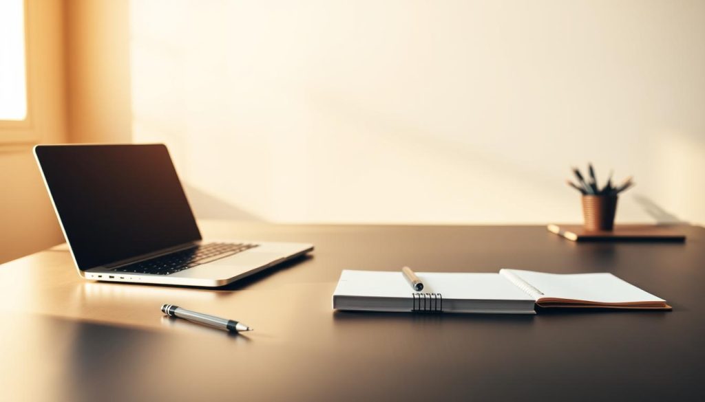 A sleek, minimalist office desk with a laptop, a pen, and a notebook. The desk is illuminated by warm, natural lighting streaming in from a nearby window, creating a cozy and focused atmosphere. In the background, a simple, neutral-toned wall serves as a clean, uncluttered backdrop. The overall composition emphasizes the importance of organization, productivity, and task-focused work.