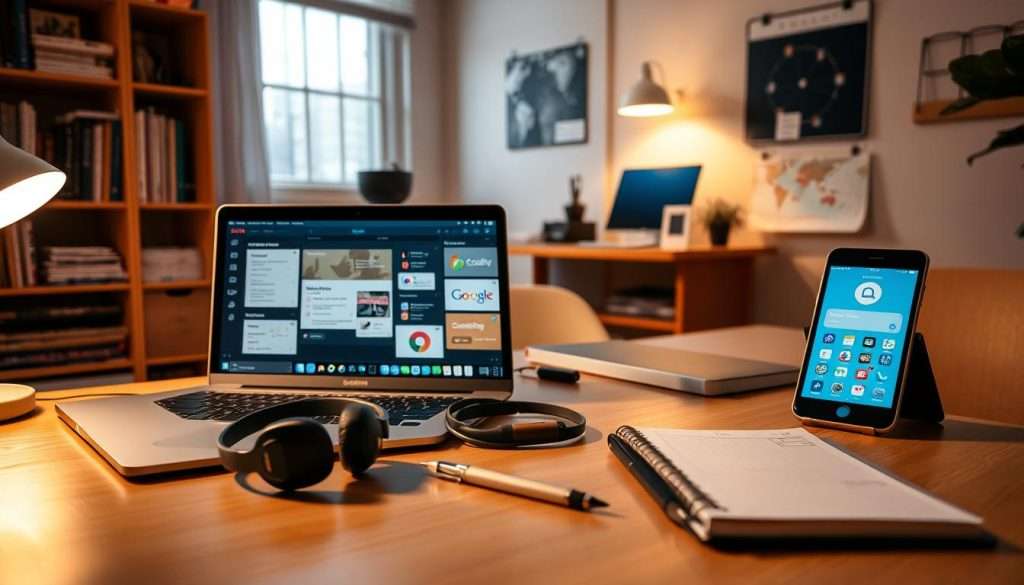 A study desk in a cozy, well-lit home office. In the foreground, an open laptop, a tablet, and a smartphone, all displaying various study-related apps and digital tools. In the middle ground, a pair of wireless headphones, a pen, and a notebook. The background features a bookshelf filled with reference materials and a wall-mounted calendar. The lighting is warm and inviting, creating a productive and focused atmosphere. The scene conveys a sense of organization, efficiency, and the integration of technology into the study process.