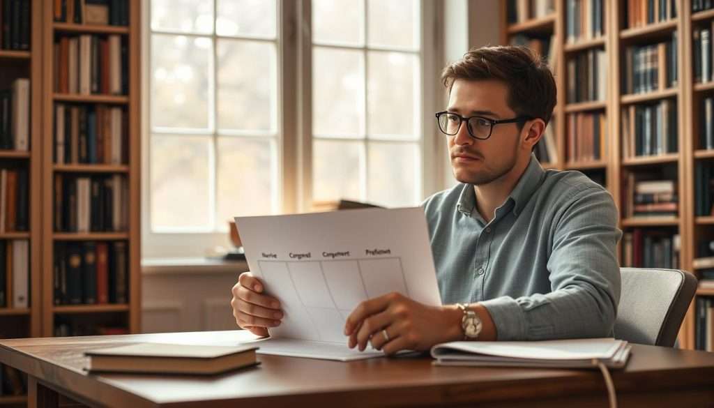 A thoughtful person studying the Dreyfus Model of skill acquisition, seated at a wooden desk in a cozy, well-lit study. Soft natural light filters in through a large window, illuminating their focused expression as they meticulously diagram the five stages of the model - novice, advanced beginner, competent, proficient, and expert. The background features bookshelves filled with tomes on psychology and learning theory, creating an atmosphere of contemplation and intellectual pursuit. The scene conveys a sense of the individual's dedication to understanding and applying the Dreyfus Model to their own growth and development.