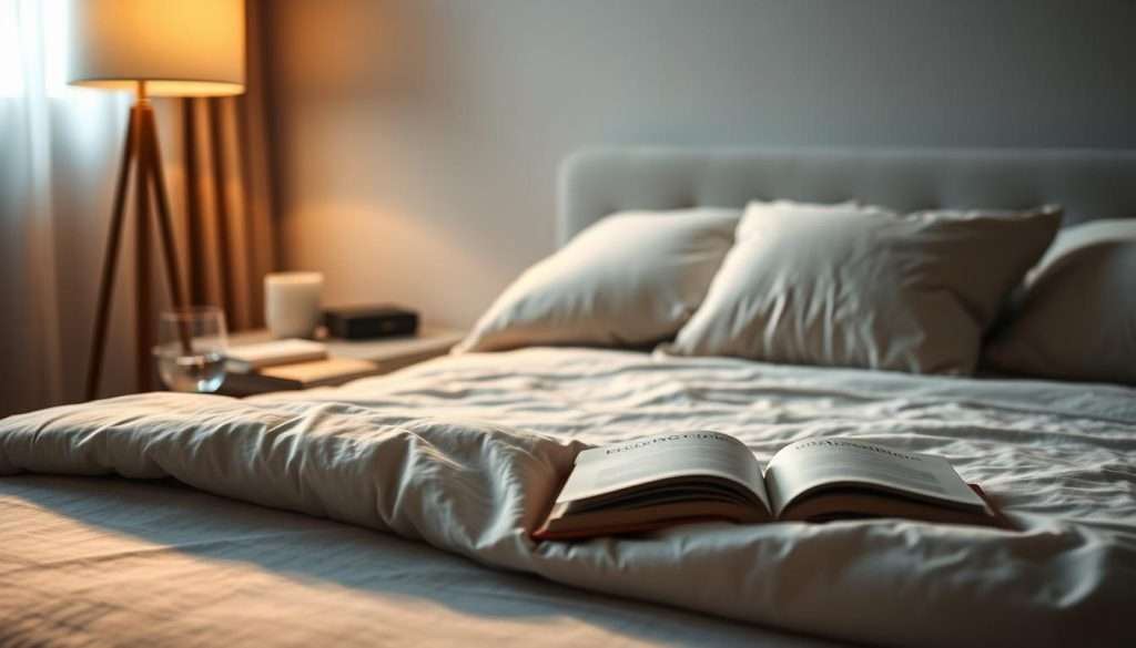 A tranquil bedroom scene, with a comfortable bed in the foreground, bathed in soft, warm lighting from a bedside lamp. The bedding is luxurious and inviting, with plush pillows and a cozy duvet. In the middle ground, a nightstand holds a glass of water and a book, suggesting a relaxing bedtime routine. The background features a peaceful, minimalist decor, with muted colors and subtle textures that create a soothing, meditative atmosphere. The overall composition conveys a sense of rest, relaxation, and optimal conditions for quality sleep and memory consolidation. A tranquil bedroom scene, with a comfortable bed in the foreground, bathed in soft, warm lighting from a bedside lamp. The bedding is luxurious and inviting, with plush pillows and a cozy duvet. In the middle ground, a nightstand holds a glass of water and a book, suggesting a relaxing bedtime routine. The background features a peaceful, minimalist decor, with muted colors and subtle textures that create a soothing, meditative atmosphere. The overall composition conveys a sense of rest, relaxation, and optimal conditions for quality sleep and memory consolidation.
