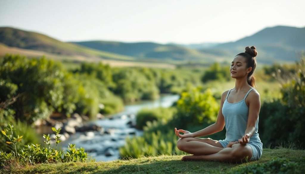 A tranquil scene of a person practicing mindfulness in a serene natural setting. In the foreground, a person sits cross-legged in a meditative pose, their eyes closed and expression peaceful. Soft natural lighting illuminates their face, creating a calming atmosphere. In the middle ground, lush green foliage and a gently flowing stream create a soothing, rejuvenating backdrop. The background features rolling hills and a clear sky, conveying a sense of openness and expansiveness. The overall mood is one of quiet contemplation and focused attention, encouraging the viewer to engage in their own mindfulness practice.