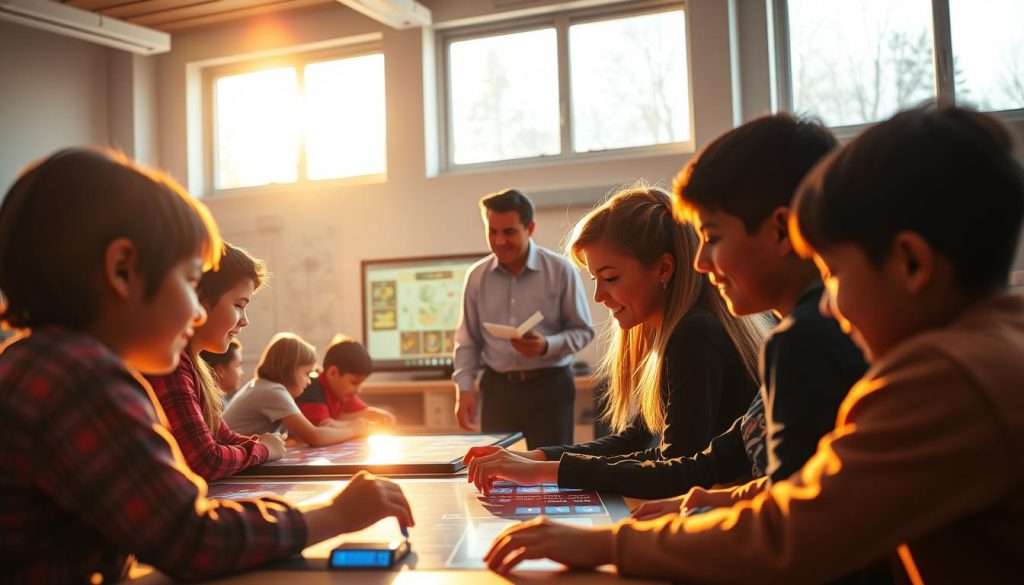 A vibrant classroom scene, illuminated by warm natural light filtering through large windows. In the foreground, a group of students engaged in a collaborative game-based learning activity, their faces alight with concentration and excitement. The middle ground showcases interactive educational displays and digital interfaces, seamlessly blending technology with traditional learning materials. In the background, a teacher moves among the students, guiding and facilitating the process, their presence radiating a sense of encouragement and support. The overall atmosphere is one of dynamic energy, where the principles of gamification have been thoughtfully integrated to enhance the educational experience and foster a spirit of discovery and achievement. A vibrant classroom scene, illuminated by warm natural light filtering through large windows. In the foreground, a group of students engaged in a collaborative game-based learning activity, their faces alight with concentration and excitement. The middle ground showcases interactive educational displays and digital interfaces, seamlessly blending technology with traditional learning materials. In the background, a teacher moves among the students, guiding and facilitating the process, their presence radiating a sense of encouragement and support. The overall atmosphere is one of dynamic energy, where the principles of gamification have been thoughtfully integrated to enhance the educational experience and foster a spirit of discovery and achievement.