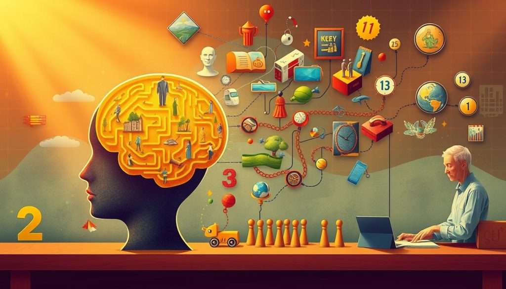 A vibrant, detailed illustration of various mnemonic strategies depicted through symbolic imagery. In the foreground, a person's mind is represented by a labyrinthine mental landscape, filled with interconnected memory anchors like visual mnemonics, memory palaces, and association techniques. In the middle ground, these mnemonic devices are visualized as tangible objects - a vivid image of a familiar location, a chain of associated items, a number-image peg system. The background showcases a setting that reflects the application of these strategies, such as a student studying, a professional recalling key information, or an older adult maintaining cognitive sharpness. The composition is illuminated by warm, focused lighting, creating a mood of thoughtfulness and mental acuity. Rendered in a dynamic, imaginative style that captures the power of mnemonic strategies to dramatically improve memory and recall.