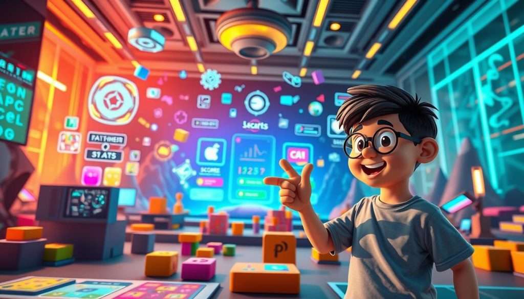 A vibrant, gamified learning environment. In the foreground, a playful character gestures towards a variety of interactive learning tools and activities - colorful blocks, puzzles, and digital interfaces. The middle ground features a dynamic backdrop of floating icons, scoring systems, and progress trackers, all designed to engage and motivate the learner. The background depicts a futuristic, tech-infused landscape, with holographic displays and sleek, modern architecture, creating a sense of innovation and immersion. Warm, energetic lighting and a sense of movement and dynamism throughout the scene, reflecting the excitement and engagement of gamified learning. A vibrant, gamified learning environment. In the foreground, a playful character gestures towards a variety of interactive learning tools and activities - colorful blocks, puzzles, and digital interfaces. The middle ground features a dynamic backdrop of floating icons, scoring systems, and progress trackers, all designed to engage and motivate the learner. The background depicts a futuristic, tech-infused landscape, with holographic displays and sleek, modern architecture, creating a sense of innovation and immersion. Warm, energetic lighting and a sense of movement and dynamism throughout the scene, reflecting the excitement and engagement of gamified learning.