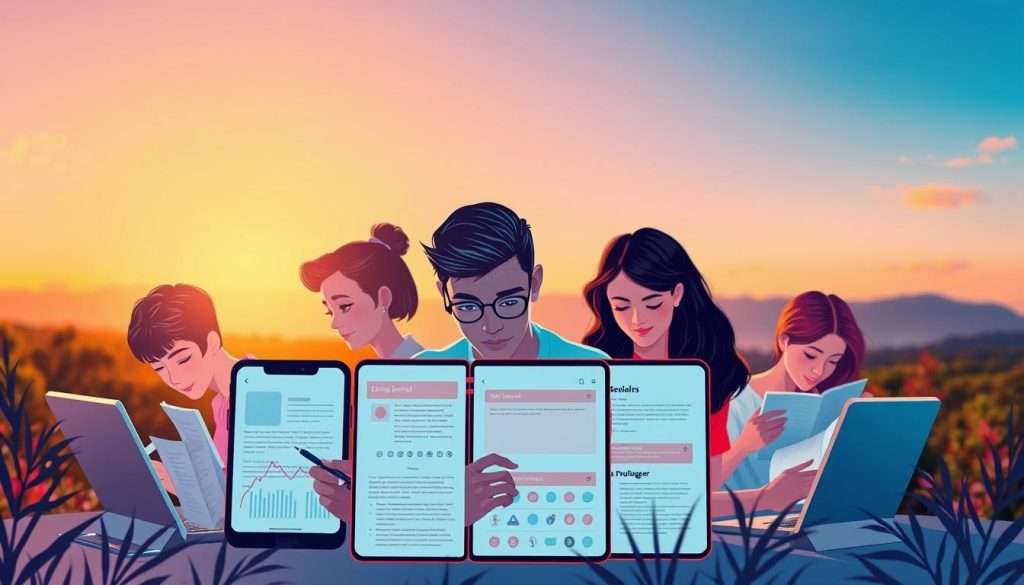 A vibrant, high-resolution digital illustration of learning journals and productivity apps, showcasing a dynamic and minimalist user interface. The foreground features a variety of digital journals, note-taking apps, and task managers, each with a clean, modern aesthetic and intuitive controls. The middle ground depicts people interacting with these digital tools, their faces lit by the soft glow of the screens. The background is a subtle, blurred landscape of serene nature, conveying a sense of focus and mindfulness. The overall composition is balanced, with a warm, calming color palette and crisp, detailed rendering, evoking a sense of digital zen and productive flow. A vibrant, high-resolution digital illustration of learning journals and productivity apps, showcasing a dynamic and minimalist user interface. The foreground features a variety of digital journals, note-taking apps, and task managers, each with a clean, modern aesthetic and intuitive controls. The middle ground depicts people interacting with these digital tools, their faces lit by the soft glow of the screens. The background is a subtle, blurred landscape of serene nature, conveying a sense of focus and mindfulness. The overall composition is balanced, with a warm, calming color palette and crisp, detailed rendering, evoking a sense of digital zen and productive flow.