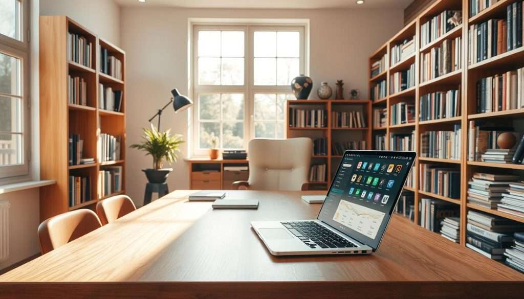 A well-lit and organized study space, with a large wooden desk, a comfortable office chair, and an array of neatly arranged study materials. Warm natural lighting filters through large windows, casting a soft glow across the room. Bookshelves line the walls, filled with volumes on a variety of subjects. A sleek laptop rests on the desk, its screen displaying productivity-enhancing applications. The atmosphere is calm and focused, encouraging deep concentration and effortless time management. A well-lit and organized study space, with a large wooden desk, a comfortable office chair, and an array of neatly arranged study materials. Warm natural lighting filters through large windows, casting a soft glow across the room. Bookshelves line the walls, filled with volumes on a variety of subjects. A sleek laptop rests on the desk, its screen displaying productivity-enhancing applications. The atmosphere is calm and focused, encouraging deep concentration and effortless time management.