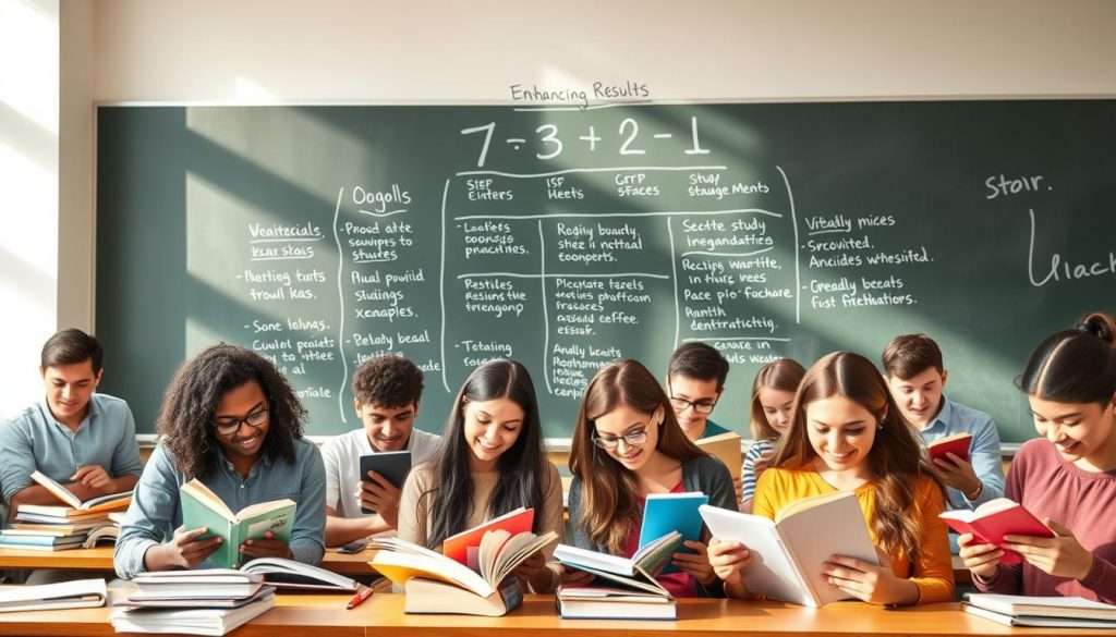 A well-lit classroom setting, with a large chalkboard or whiteboard as the focal point. On the board, a detailed diagram illustrating the "7 3 2 1" study method, complete with annotated steps and examples. In the foreground, a group of diverse students, each engrossed in their own study materials - textbooks, notebooks, and digital devices. The students exhibit a sense of focus and engagement, their expressions conveying a mix of concentration and optimism. The lighting is warm and natural, creating a productive and inviting atmosphere. The overall composition suggests a harmonious blend of traditional and modern study techniques, hinting at the "Enhancing Results" theme. A well-lit classroom setting, with a large chalkboard or whiteboard as the focal point. On the board, a detailed diagram illustrating the "7 3 2 1" study method, complete with annotated steps and examples. In the foreground, a group of diverse students, each engrossed in their own study materials - textbooks, notebooks, and digital devices. The students exhibit a sense of focus and engagement, their expressions conveying a mix of concentration and optimism. The lighting is warm and natural, creating a productive and inviting atmosphere. The overall composition suggests a harmonious blend of traditional and modern study techniques, hinting at the "Enhancing Results" theme.