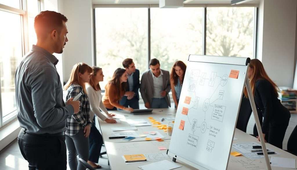 A well-lit conference room, sunlight streaming through large windows. Around the table, a group of professionals engaged in a collaborative discussion, using hand-drawn diagrams, sticky notes, and sketches to visualize their ideas. In the foreground, a person standing at a whiteboard, marker in hand, capturing the key points of the conversation. The room exudes a sense of creative energy and focused attention, with the participants leaning in, eager to contribute to the visual thinking process. The lighting is soft and natural, highlighting the engagement and thoughtfulness of the meeting attendees. A well-lit conference room, sunlight streaming through large windows. Around the table, a group of professionals engaged in a collaborative discussion, using hand-drawn diagrams, sticky notes, and sketches to visualize their ideas. In the foreground, a person standing at a whiteboard, marker in hand, capturing the key points of the conversation. The room exudes a sense of creative energy and focused attention, with the participants leaning in, eager to contribute to the visual thinking process. The lighting is soft and natural, highlighting the engagement and thoughtfulness of the meeting attendees.
