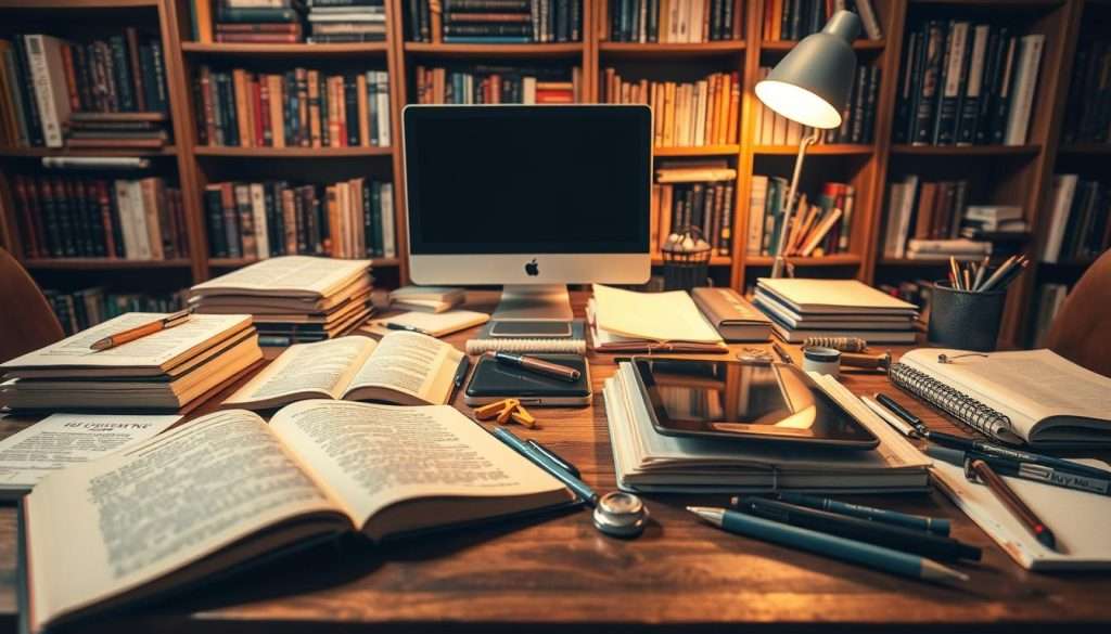 A well-lit, detailed tabletop scene showcasing an assortment of tools and resources essential for the aspiring polymath. In the foreground, a variety of open books, notebooks, and writing implements are neatly arranged. In the middle ground, a desktop computer, tablet, and other digital devices represent the modern technological resources available. In the background, a bookshelf filled with diverse volumes on various subjects, from history and philosophy to science and the arts, symbolizes the breadth of knowledge required for a polymath. Soft, warm lighting creates a contemplative and intellectually stimulating atmosphere, inviting the viewer to immerse themselves in the pursuit of versatility and interdisciplinary exploration. A well-lit, detailed tabletop scene showcasing an assortment of tools and resources essential for the aspiring polymath. In the foreground, a variety of open books, notebooks, and writing implements are neatly arranged. In the middle ground, a desktop computer, tablet, and other digital devices represent the modern technological resources available. In the background, a bookshelf filled with diverse volumes on various subjects, from history and philosophy to science and the arts, symbolizes the breadth of knowledge required for a polymath. Soft, warm lighting creates a contemplative and intellectually stimulating atmosphere, inviting the viewer to immerse themselves in the pursuit of versatility and interdisciplinary exploration.