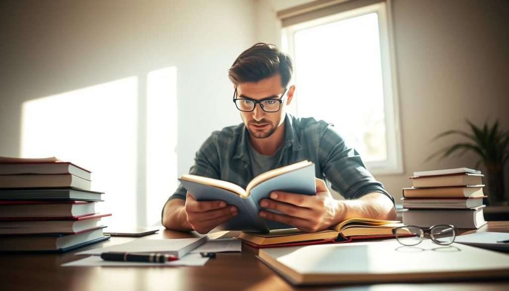 A well-lit home office setting with a person intently reading a book, their eyes darting across the pages. The desk is adorned with a stack of books, a pen, and a pair of reading glasses. Bright natural light streams in through a nearby window, casting a warm glow on the scene. The background is a neutral-toned wall, creating a clean, uncluttered environment that allows the reader's focused activity to take center stage. The overall mood is one of productivity, concentration, and the pursuit of knowledge through the practice of speed reading. A well-lit home office setting with a person intently reading a book, their eyes darting across the pages. The desk is adorned with a stack of books, a pen, and a pair of reading glasses. Bright natural light streams in through a nearby window, casting a warm glow on the scene. The background is a neutral-toned wall, creating a clean, uncluttered environment that allows the reader's focused activity to take center stage. The overall mood is one of productivity, concentration, and the pursuit of knowledge through the practice of speed reading.