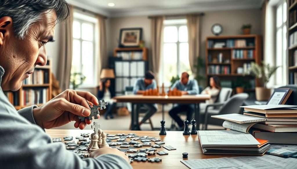 A well-lit, meticulously detailed scene of various brain training exercises. In the foreground, a person intently solving a complex jigsaw puzzle, their face scrunched in concentration. In the middle ground, a group engages in a lively game of chess, their eyes locked on the board. The background depicts a serene home office, with bookshelves lining the walls and a desk covered in crossword puzzles, sudoku books, and other mental stimulation tools. Soft, diffused natural light filters in through large windows, creating a calming, intellectual atmosphere. The overall composition conveys a sense of focused cognitive activity and the dedicated pursuit of mental sharpness.