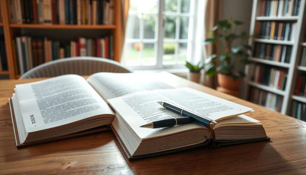 A well-lit study area with an open book, a pen, and a notebook on a wooden desk. In the background, a bookshelf filled with volumes, and a window overlooking a peaceful garden. The lighting is soft and natural, creating a serene and focused atmosphere. The camera angle is slightly elevated, capturing the desk and its contents from an angle that emphasizes the deliberate and thoughtful nature of the reading process. The overall composition conveys a sense of productive concentration and the application of the SQ3R method to diverse reading materials.