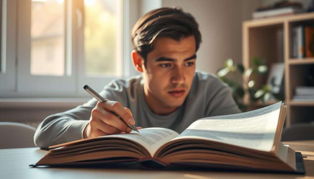 A well-lit workspace with an open book, a pen in hand, and an attentive reader deeply engaged with the text. Soft, natural lighting filters through a nearby window, casting a warm, focused glow on the scene. In the background, a minimalist bookshelf and a plant add a sense of tranquility, encouraging a thoughtful, contemplative atmosphere. The reader's expression conveys a state of active, focused concentration, their brow slightly furrowed as they carefully consider and process the information before them. The overall composition suggests a deliberate, active engagement with the reading material, in line with the principles of the SQ3R method.